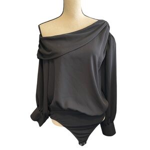 Express Off the Shoulder Draped Balloon Sleeve Long Sleeve Sheer Bodysuit Large